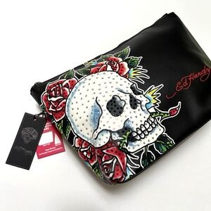NWT ED HARDY Graphic Cosmetics Bag Toiletries Travel Makeup Skull Rhinestones